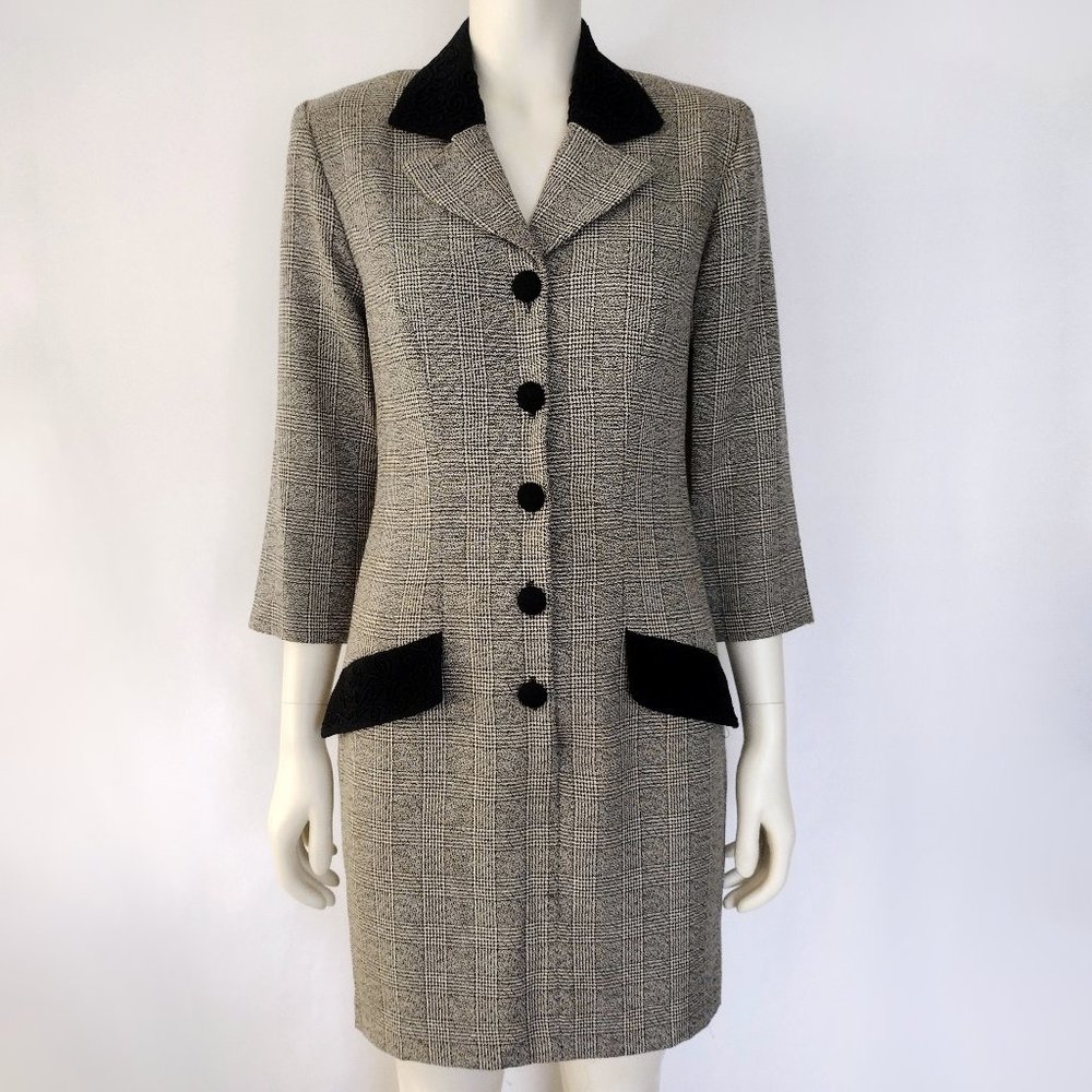 Vintage 1990s Santa Fe Black and White Houndstooth Plaid Sheath Dress